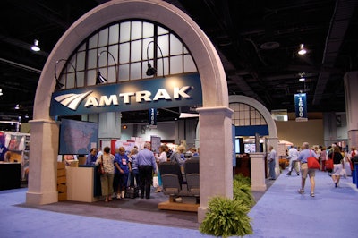 Amtrak created a miniature train station, complete with sample seating and a display of the company's on-board food and beverage offerings.
