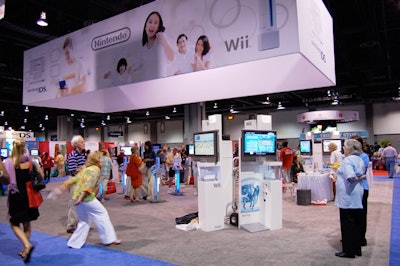 Nintendo's haloed, gray-carpeted booth offered a network of Wii stations for curious attendees.