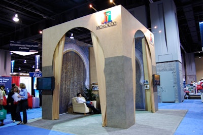 The Moroccan tourism board display, appealing to traveling retirees, offered a taste of the country's architecture.