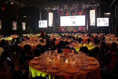 McNabb Roick Events used black and silver decor in the dining area at the OneXOne gala at Maple Leaf Gardens.