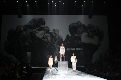 Wanting to build its 'own little G-Star world,' as G-Star's North American director, Deepak Gayadin put it, the Dutch denim label used a black and white backdrop showing a pollard willow.