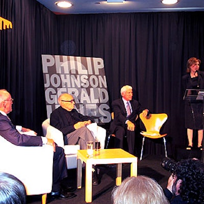 A. Eugene Kohn (second from right) and Hilary Lewis moderated a discussion with Gerald Hines (left) and Philip Johnson (second from left) at the press conference that preceded the cocktail party.