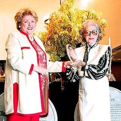 At the Fashion Center Business Improvement District's Fashion Walk of Fame event, novelist Barbara Taylor Bradford (left) presented designer Pauline Trigere with her award.