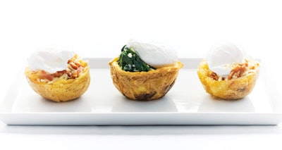 Eggs in hollowed potato halves with chorizo sausage and jack cheese, spinach Florentine, and applewood-smoked bacon, from Menus Catering, the corporate division of Occasions Caterers in Washington