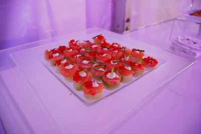 Plated hors d'oeuvres, from Culinary Art Catering, included a house-cured cucumber and gravlax tower with green-tea cream and wasabi tobiko.