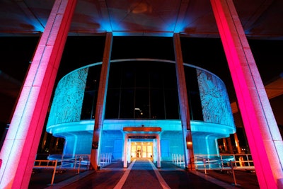 A vibrant lighting scheme illuminated the entrance to the theater.