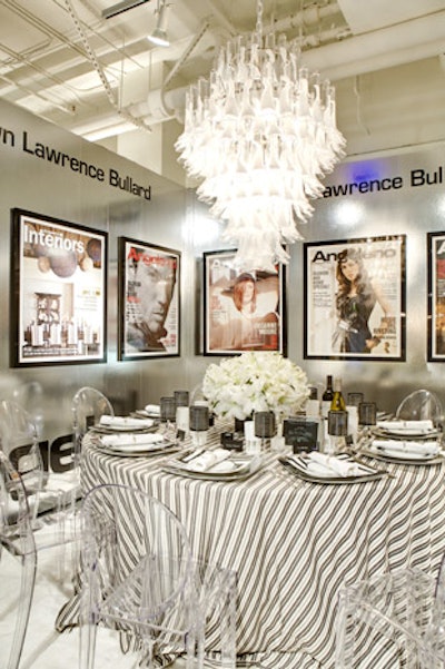 The designers of Angeleno magazine's table favored black and white stripes, incorporating a tablecloth and glassware that featured the classic pattern.