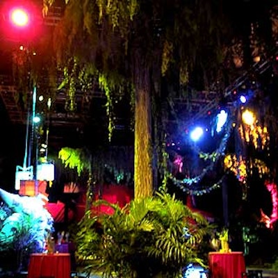 Tall, swampy-looking trees surrounded by palm plants and moss-covered vines gave the Roseland Ballroom a jungle appearance.