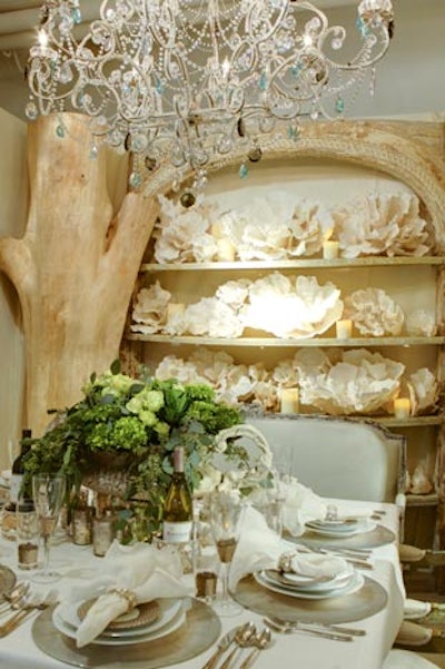 In addition to a shelf lined with large shells, Bliss Design's effort featured napkin rings and wine coasters decorated with shells and rhinestones.