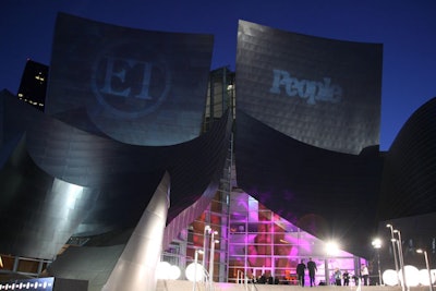 Logo gobos shone on the facade of Disney Hall.