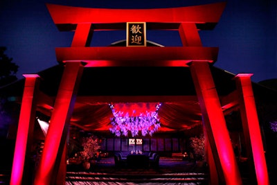 A giant pagoda-like structure sat at the foot of the tent.