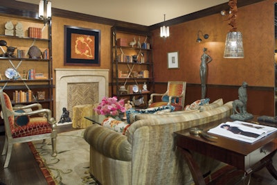 Scott Arthur Yerkey designed the library, which is filled with copper fabrics and a recurring floral motif.