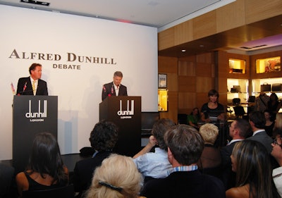Full of sarcastic quips and photographs of Amy Winehouse, Piers Morgan and Donny Deutsch relaunched the Alfred Dunhill store on Friday with a rowdy debate.