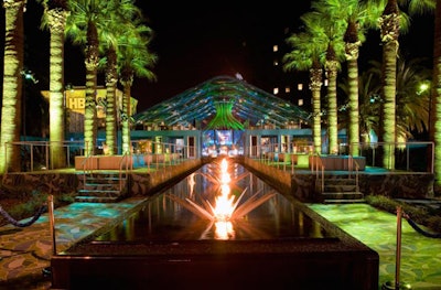 The PDC's long, rectangular fountain featured floating torches surrounded by crowns of boomerangs.