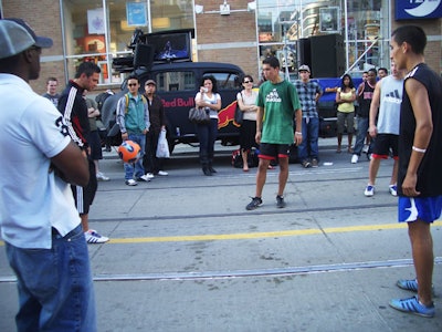 Soccer players performed tricks on the street outside the studio.
