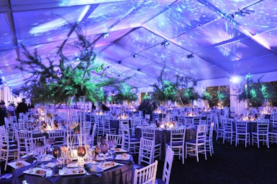 A northern lights display illuminated the ceiling of the tent, and pin-spot light fixtures shone on each individual table.