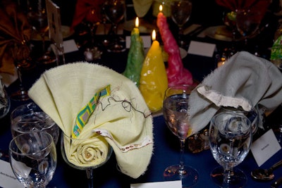 Place settings included artist Michael Mahalchick's handmade, one-of-a-kind napkins.