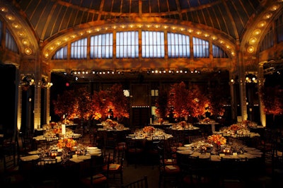 Fragments of amber and gold lighting bounced off the ceiling and columns to enhance the color of the trees and flowers.