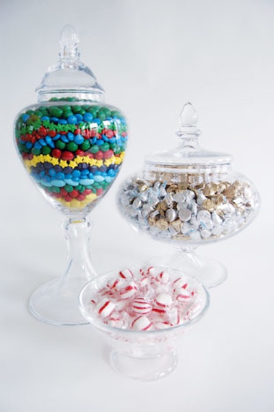 Treats from Economy Candy double as a centerpiece in decorative glass jars.