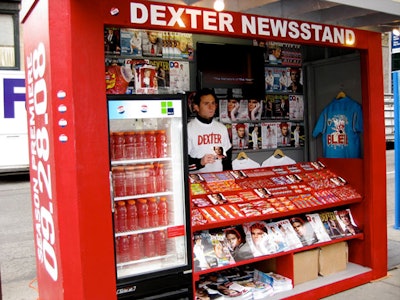 Designed to look like real newsstands, the bright red Dexter pop-ups promoted the Sunday-night premiere of the show's third season.