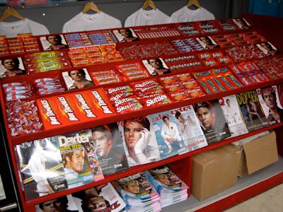 Pop2Life filled each newsstand with red drinks and candy in red packaging—sourced online and from Economy Candy in New York.