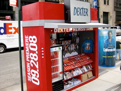 Although the Dexter newsstands didn't sell any magazines or candy, street teams surrounding the pop-up handed out DVDs of the third season's first episode.