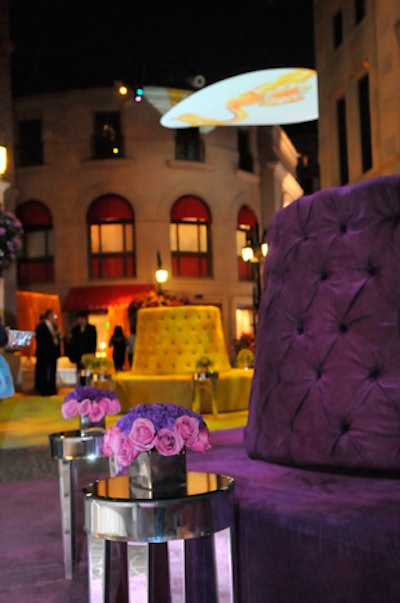 Tufted lounge furniture in bright colors provided seating.