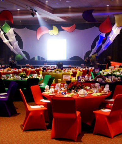 The tables were covered in bold shades of primary colors, with bright greens and purples as accents.