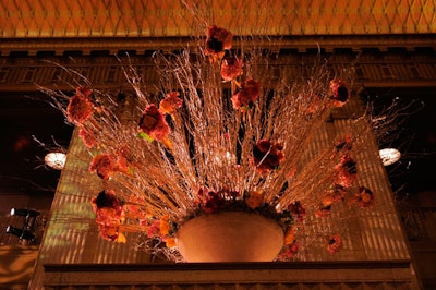 Heffernan Morgan's floral arrangements for the opera house's Rice grand foyer comprised golden branches and hand-tied bouquets of roses and hydrangeas.