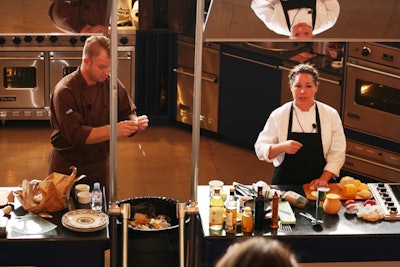 Top Chef alums Dale Levitski and Stephanie Izard participated in a cooking demonstration in the Jay Pritzker Pavilion.