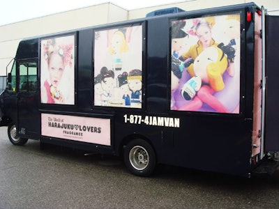 The outside of the Jam Van featured photos from the Harajuku Lovers fragrance ad campaign.