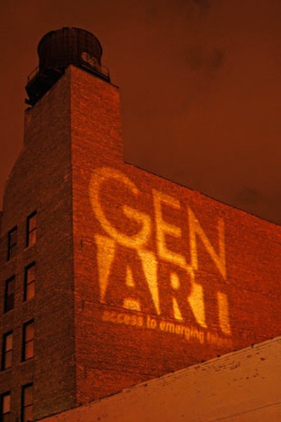 An oversize Gen Art gobo illuminated the facade of after-party venue XChange West.