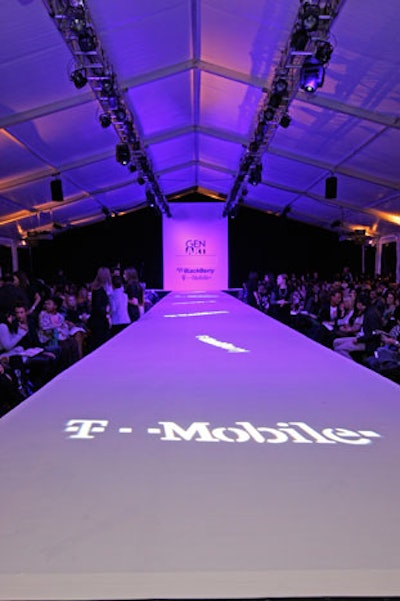 Before the fashion show, rotating T-Mobile and BlackBerry gobos lit up the runway. The same logos appeared on the runway's backdrop.