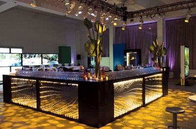 Black lacquer illuminated Infinity bar with two-way plexi mirror, starts at $800 per unit, available in the U.S. from RentQuest in New York
