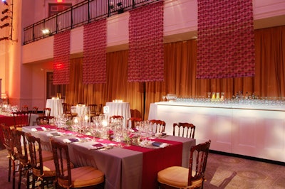 Shapes and colors used in the tapestries hung around the dining room echoed Bard Graduate Center's exhibition of textiles in fashion.