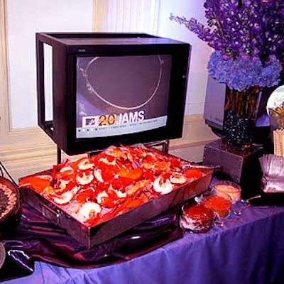 The V.I.P. room used for the artists performing at MTV's 20th anniversary party at Hammerstein Ballroom included lots of lobster and shrimp, plus televisions for guests to watch the live broadcast of the event.