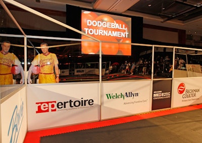 Production company Freeman had roughly four hours to set up a temporary dodgeball court, which took over half the Hyatt Regency Chicago's grand ballroom.