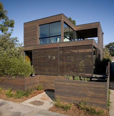 The eco-friendly home has an angular exterior.