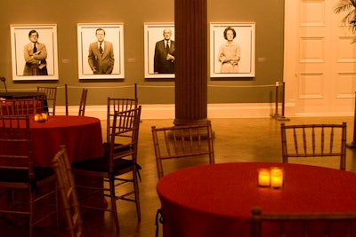 Photographer Richard Avedon's 'Portraits of Power' exhibition served as the event's backdrop and color scheme inspiration; bold shades of red, black, and gold marked the decor.