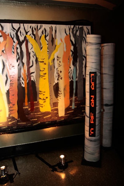 LED tickers inside fake birch trees displayed playful comments like 'Life looks better on celluloid.'