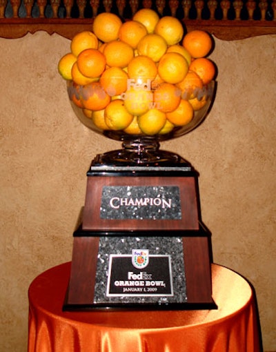 The 2009 FedEx Orange Bowl trophy was on display in the lobby.