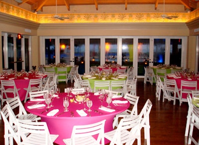 Pink and green spandex linens and white folding chairs created a preppy country-club atmosphere in the dining room.