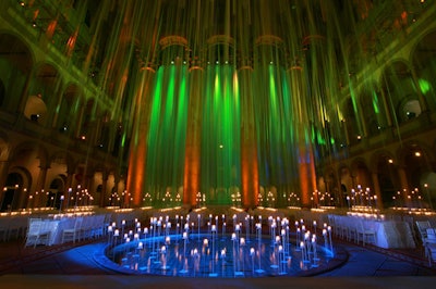 Atmosphere created an alternating color palette for the dinner reception at the National Building Museum; throughout the evening, the lighting changed from green to blue, purple, and red.