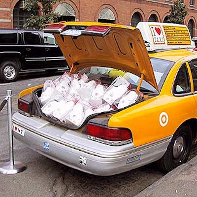 Gift bags were given from a taxi that advertised the Target-sponsored art exhibit in Madison Square Park, which features a taxi-themed exhibit.