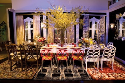A Multi-Tasking TableMichael Tavano put together three distinct looks at one table for the New York Design Center space at Diffa's Dining by Design showcase. Furniture, place settings, tabletop accessories, carpets, and wall treatments transitioned from traditional to modern to young and contemporary looks.