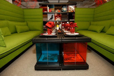 Prismatic shades of red, blue, and green filled the dining environment that Ronan and Erwan Boroullec created for Vitra.