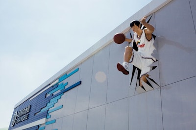 A giant likeness of Chinese basketball player Yao Ming seemed to burst through the exterior of the China Mobile Pavilion.