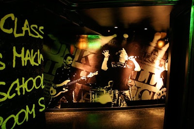 Rock photography and song lyrics decorate the venue's walls.