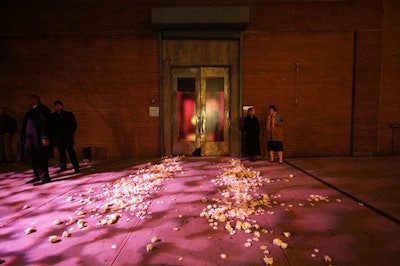 BAM scattered hundreds of petals across the sidewalk outside of Skylight, marking the entrance and matching the decor inside.