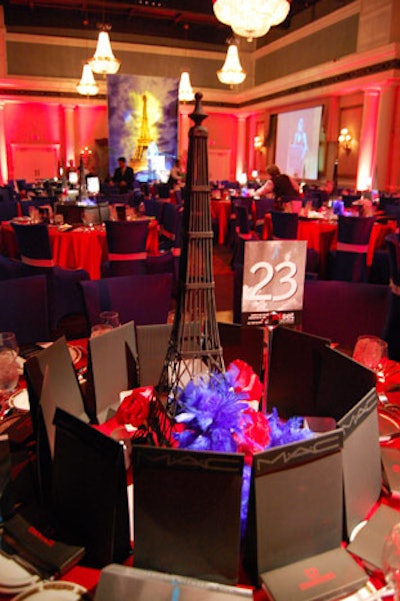 Replicas of the Eiffel Tower topped tables in the Paris-themed dining area.